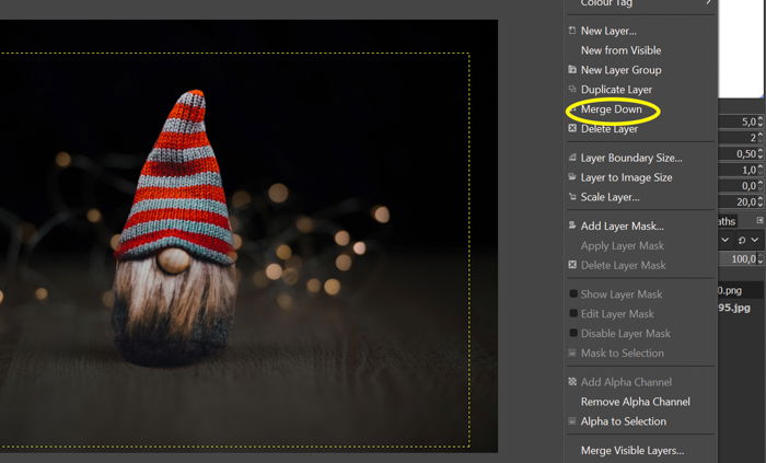 screenshot showing how to merge layers in gimp