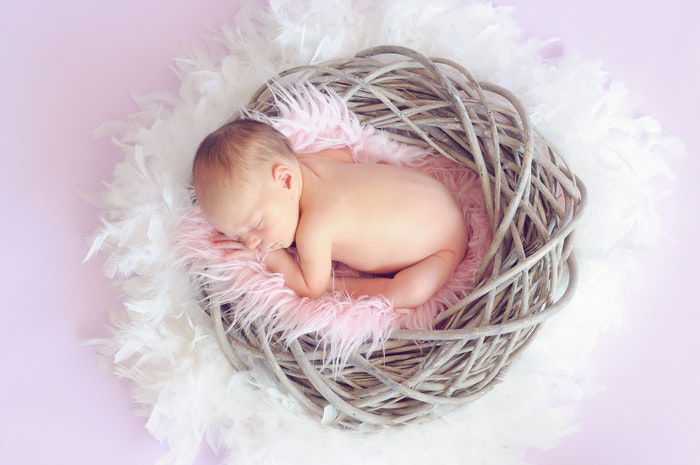 Overhead photo of a newborn in a basket