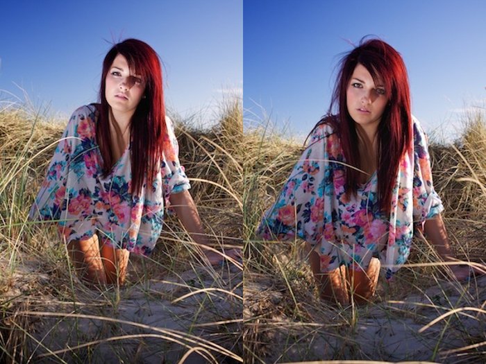 Diptych of a female model posing on a beach