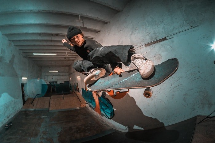 photo of a skateboarder shot with a fisheye lens