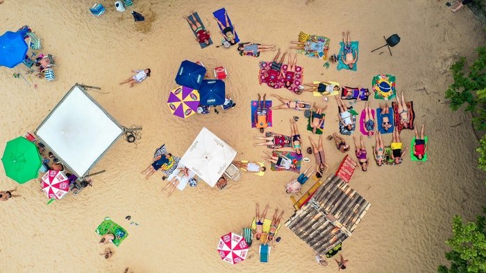 Colorful beach scene shot from a birds eye view perspective