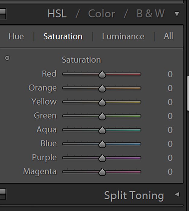 Lightroom's HSL panel showing color saturation sliders