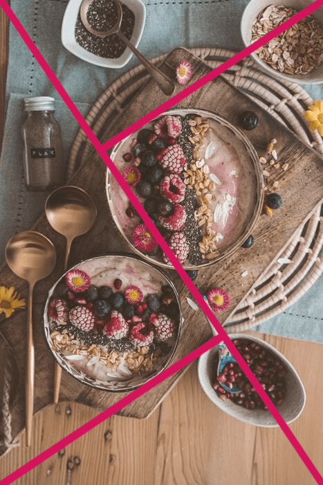 Flatlay food photography with golden triangle grid overlayed