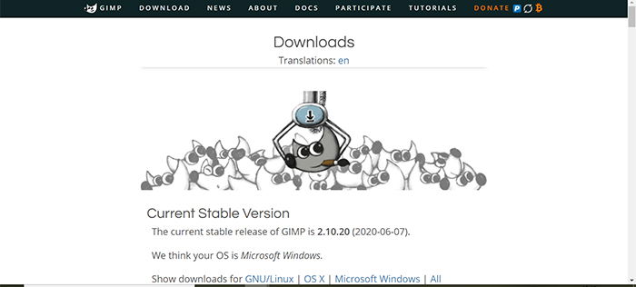 Screenshot of the GIMP Landing Page