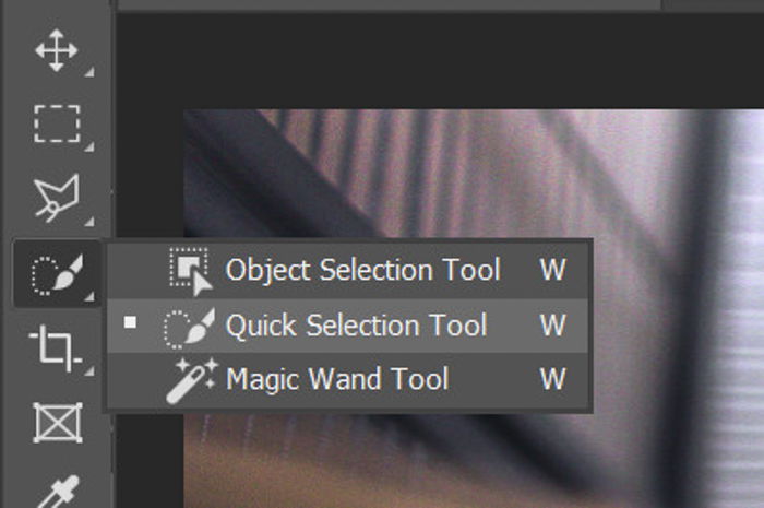 A screenshot of choosing the quick selection tool in Photoshop