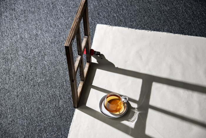 Overhead shot of a cup of tea on a table