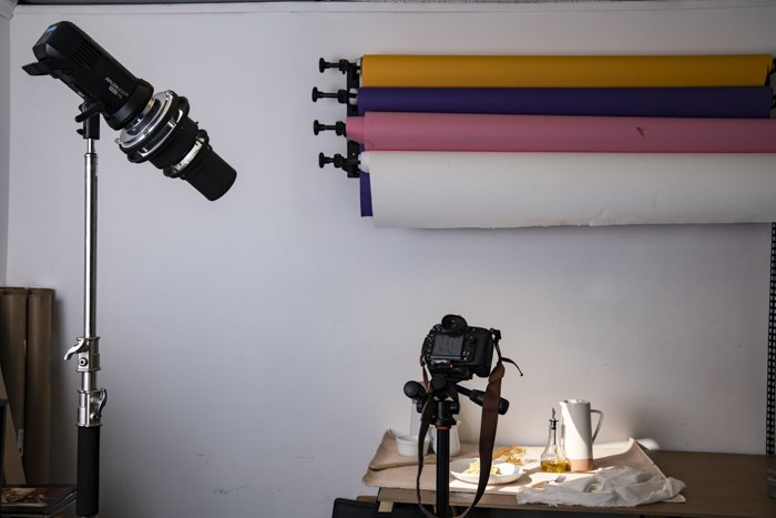 A product photo shoot using a lighting gobo for photography