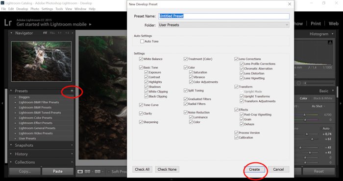 A screenshot showing how to create new lightroom preset in develop module