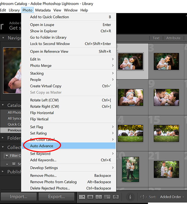 a screenshot showing the auto advance option in lightroom