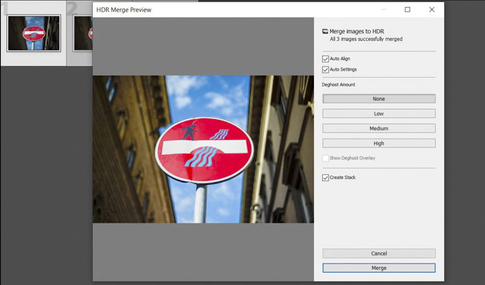 A screenshot of using Lightroom HDR merge