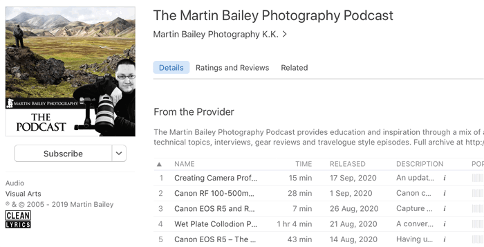 Screenshot of 'the martin bailey' photography podcast playing in an app