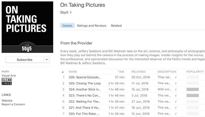 Screenshot of 'on taking pictures' podcast playing in an app