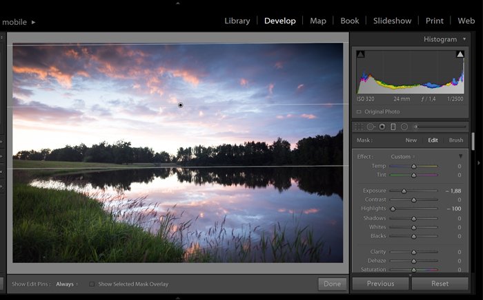 Screenshot of editing exposure in a landscape photo in lightroom