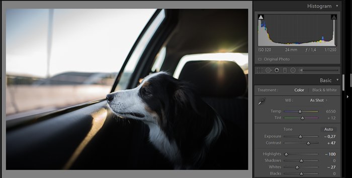 A screenshot of fixing an overexposed photo in Lightroom