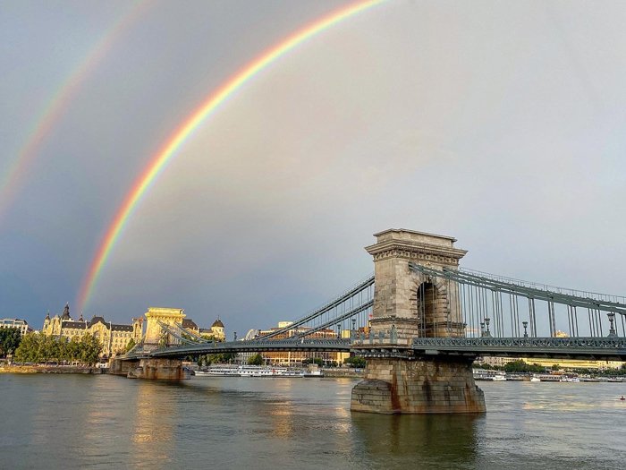 Double rainbow over a bridge in Budapest