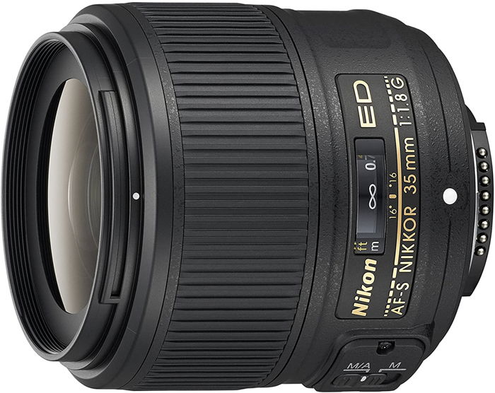 Product shot of a Nikon AF-S 35mm f/1.8G ED prime lens