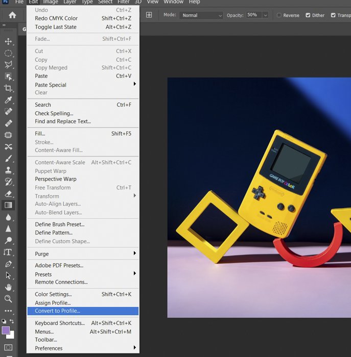 A screenshot showing how to convert a rgb file on Photoshop