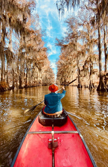 A man in a rowboat going down a river