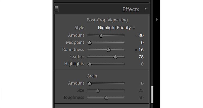 screenshot of adjusting effects in Lightroom