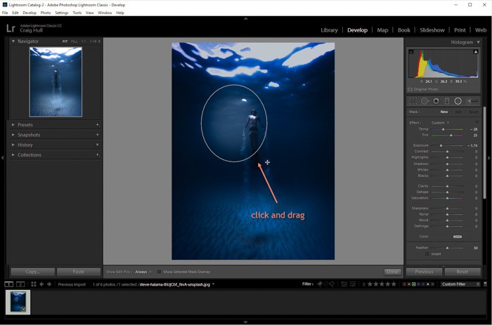 A screenshot of using radial filter to add a vignette to an image in Lightroom