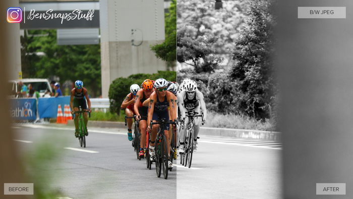 Imagem de pessoas em bicicletas. O lado esquerdo da foto é colorido e o lado direito é preto e branco. 