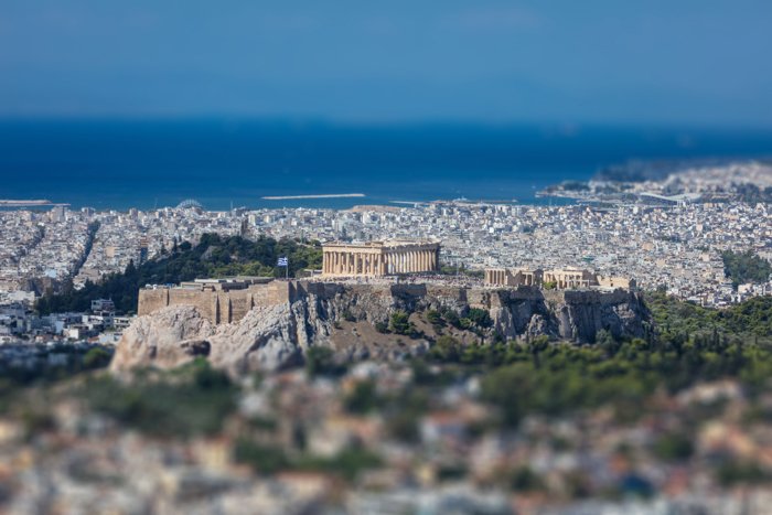 Panoramic aerial view of Acropolis of the city of Athens in Greece, tilt shift, view from Lycabettus hill