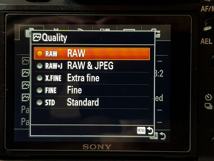 a screenshot of a Sony camera Quality menu