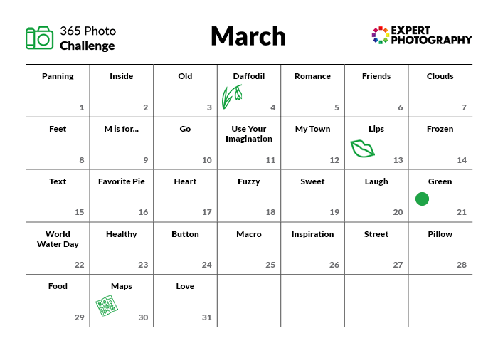 March photography challenge calendar