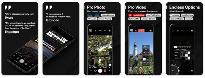 Screenshot of ProShot promotional images from Google Play app store