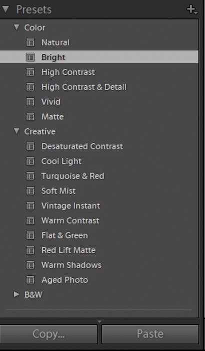 Screenshot of how to apply presets to your HDR file in Lightroom