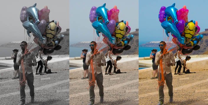 Triptych of a man holding balloons edited in different styles