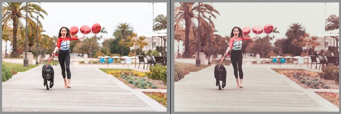 A screenshot of an outdoor portrait before and after editing in Lightroom