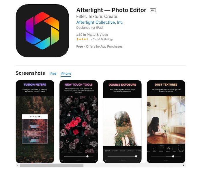 a screenshot of Afterlight photo editor from the app store