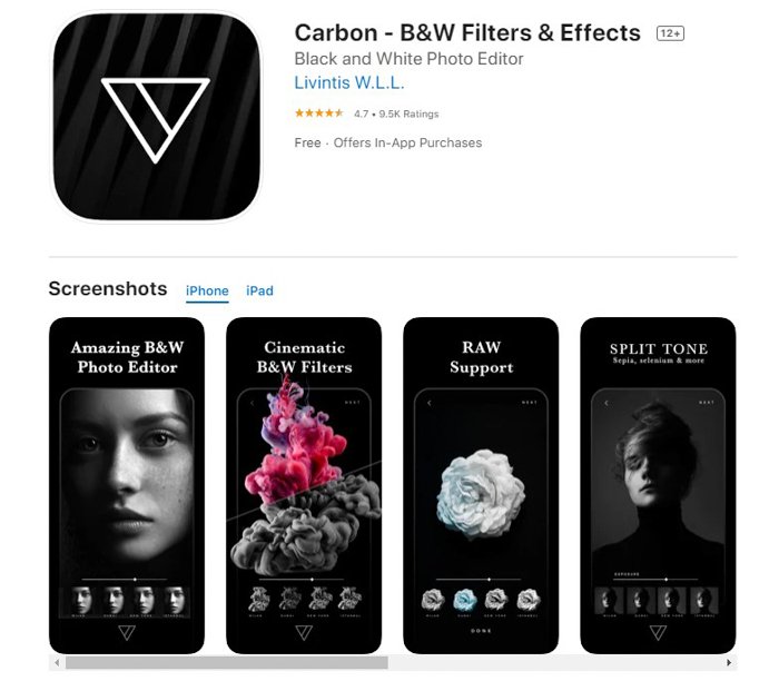 a screenshot of carbon filters and effects from the ios app store