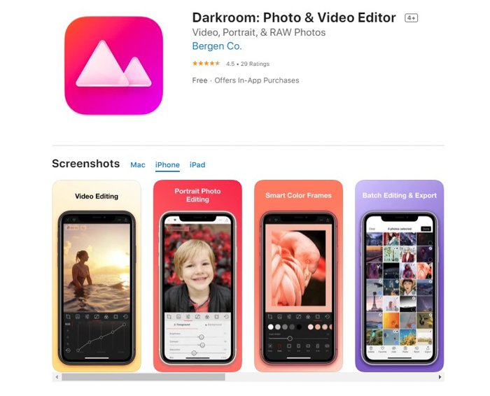 a screenshot of darkroom photo and video editor from the ios app store