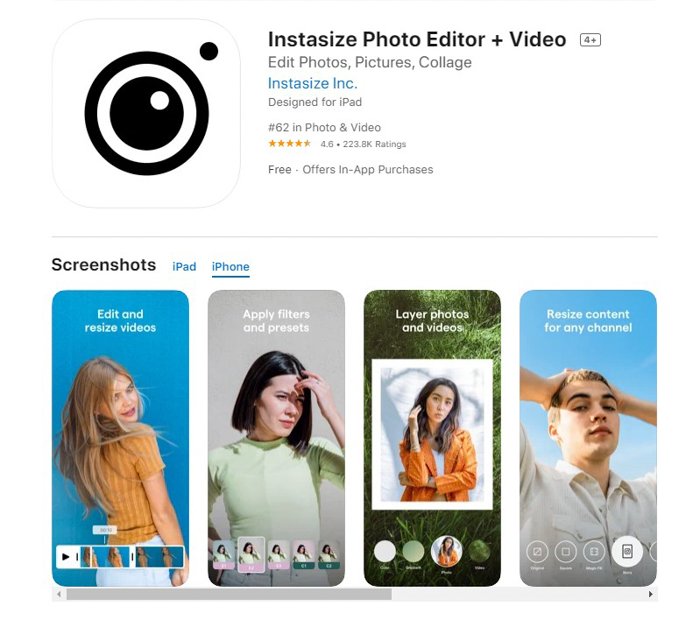 a screenshot of instasize photo editor from the ios app store