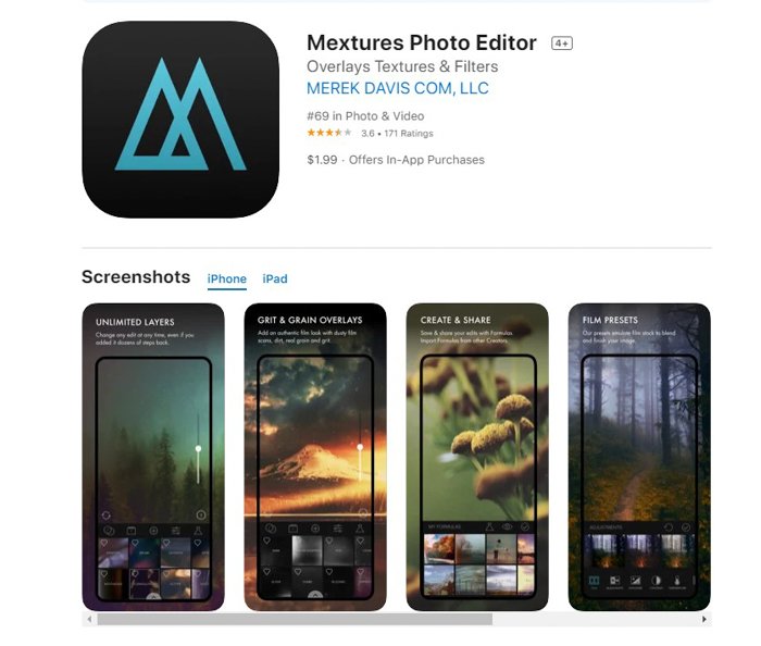 a screenshot of mextures photo editor from the ios app store