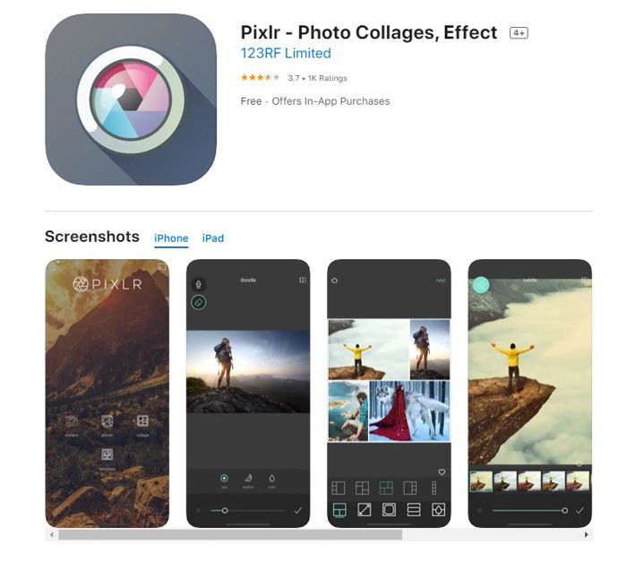 a screenshot of pixlr photo editing app from the ios app store