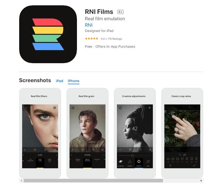 a screenshot of rni films from the app store