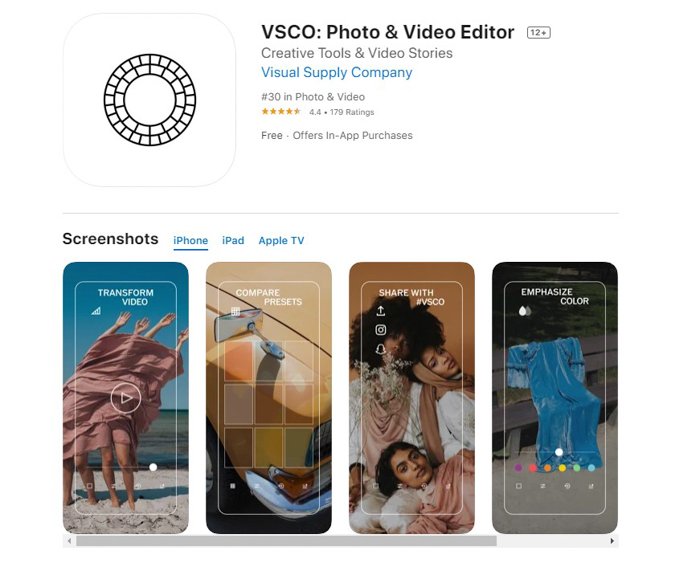 a screenshot of VSCO photo editing app from the app store