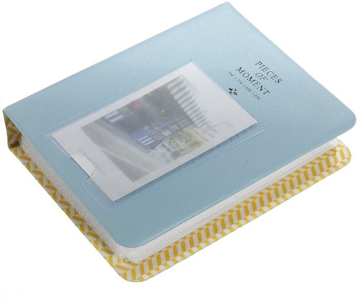 an image of a blue and yellow instax mini 8 photo album for instant photos