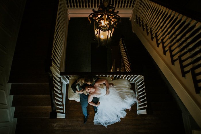 Atmospheric wedding portrait of a couple taken from above