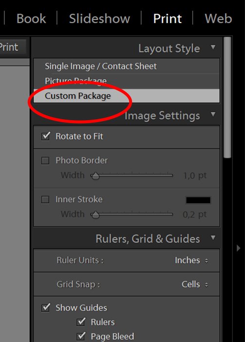 Lightroom UI screenshot of Custom Package layout style
