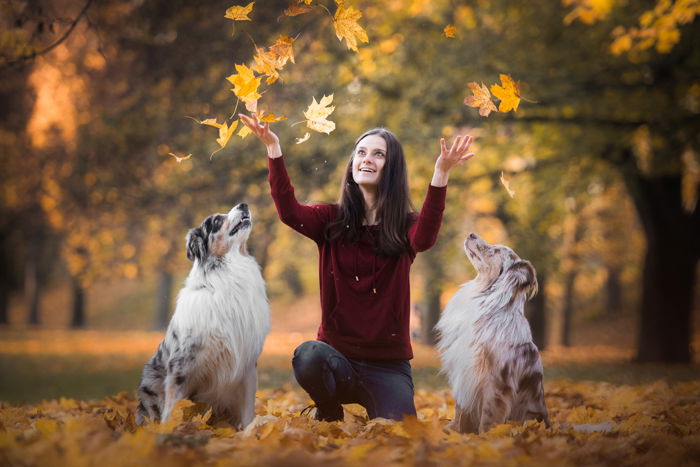 Cute pet photography of a womans playing with two dogs outdoors