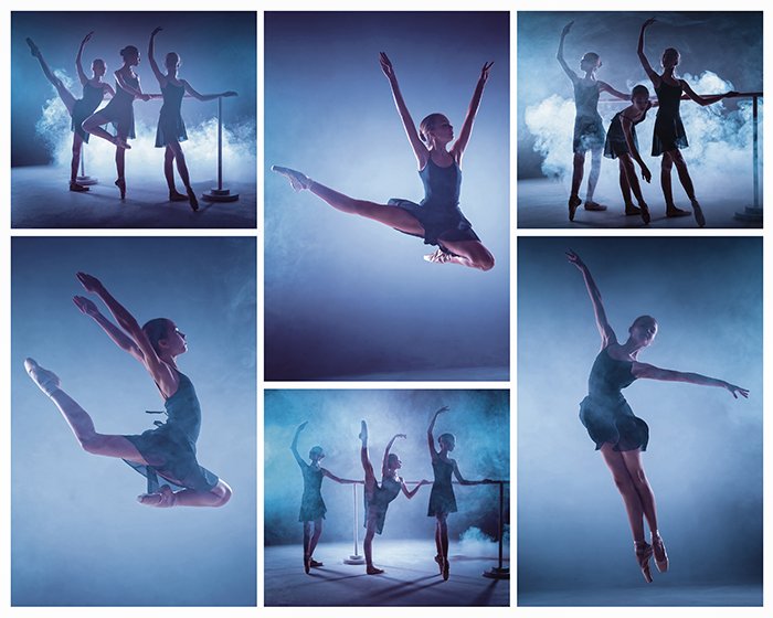 A collage from images of young ballerinas stretching on the bar.