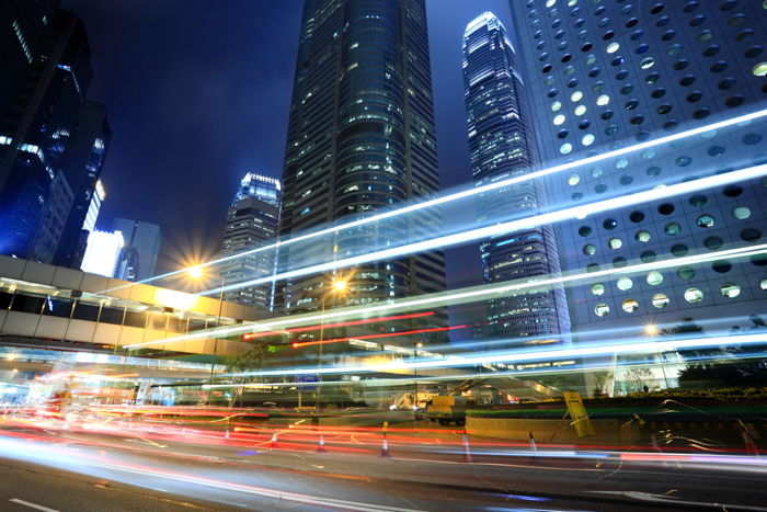 Streaming light trails in a city at night