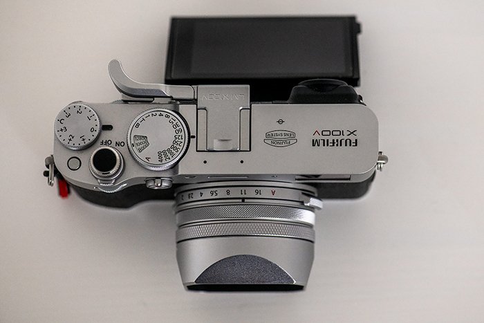 Image of the Fujifilm X100V camera body from the top. 
