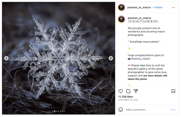 Screenshot of Alexey Kljatov's Instagram with a macro shot of a snowflake