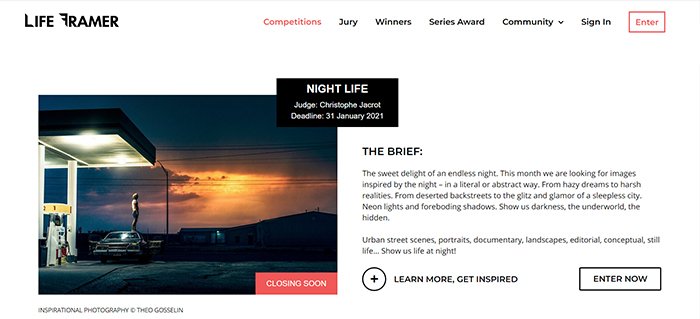 Screenshot of the Life Framer Competitions photography contest website