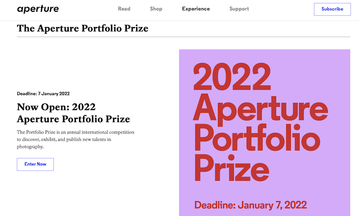 A screenshot of Aperture Portfolio Prize website, a photography contest